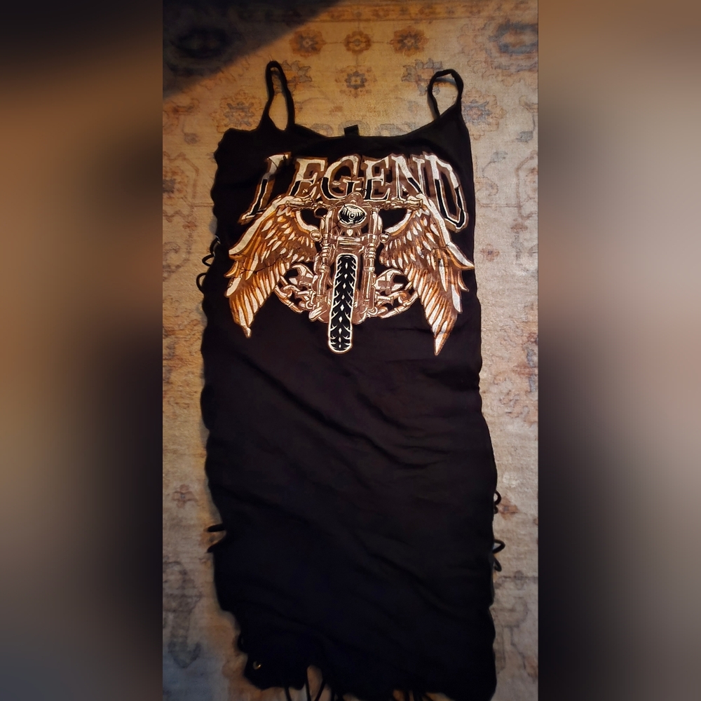 Black Dress with Gold Winged Graphic
